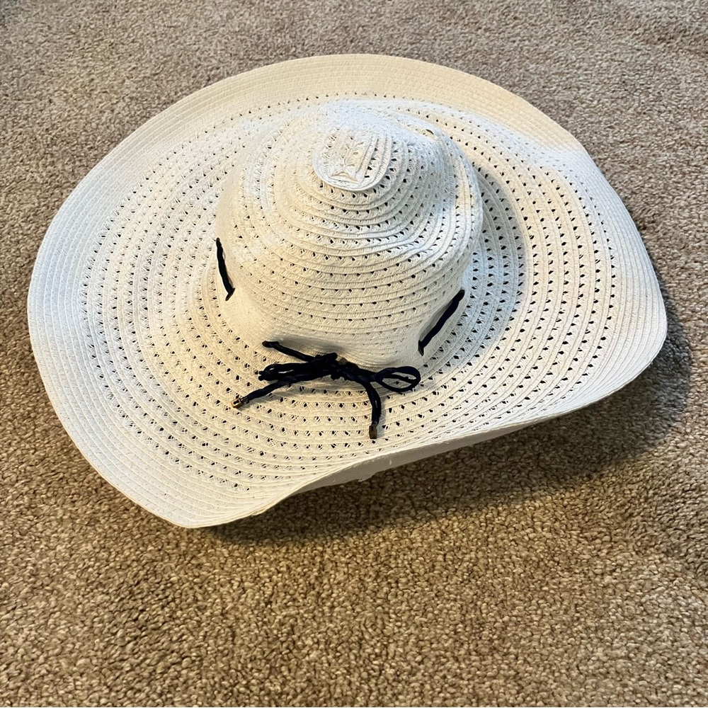 LAUREN Ralph‎ Lauren Cream Crochet Beachy Sun Hat Black Ribbon Size M Resort